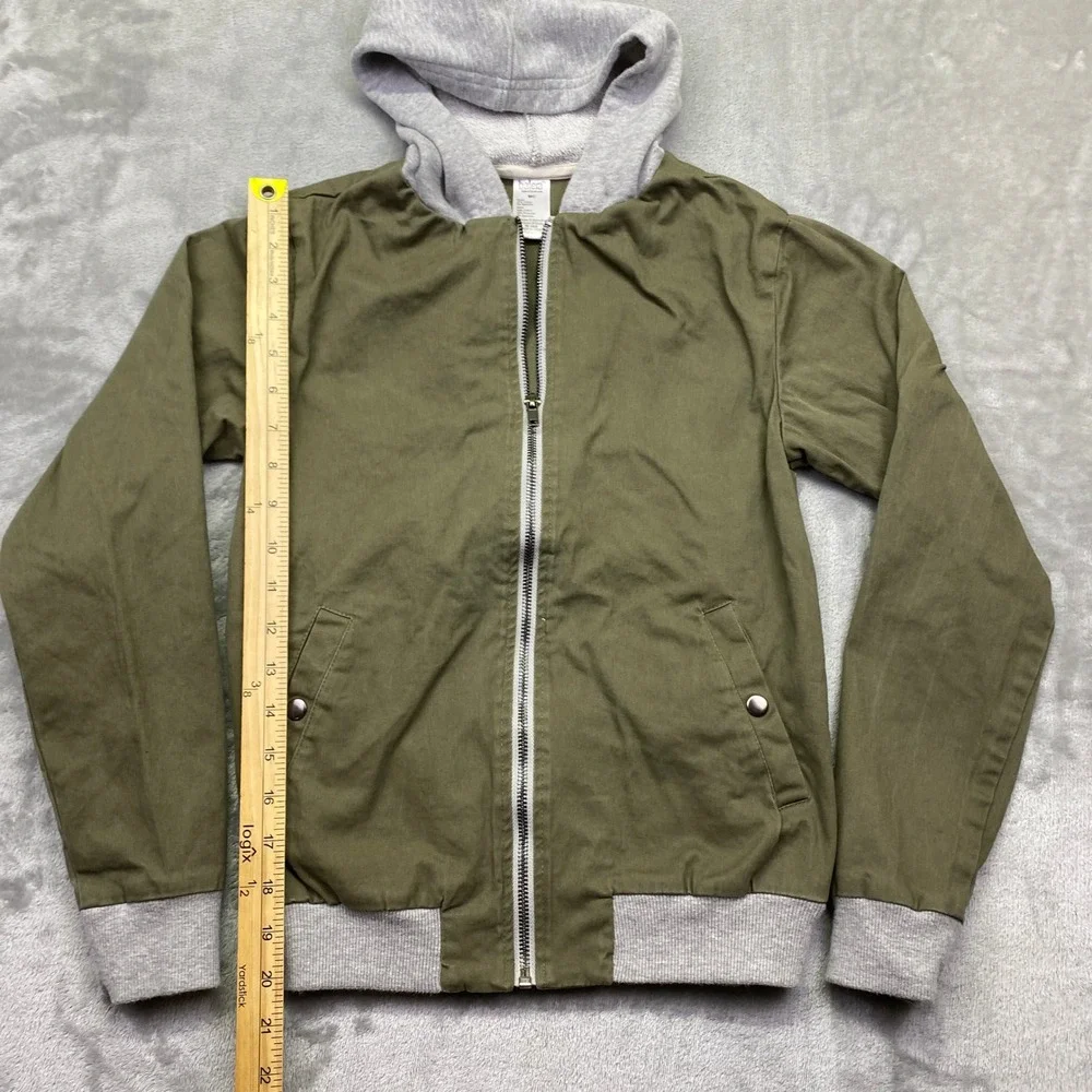 Balera Olive Green Zip Up Hooded Bomber Jacket With Gray Ribbed Cuffs and Hood M
